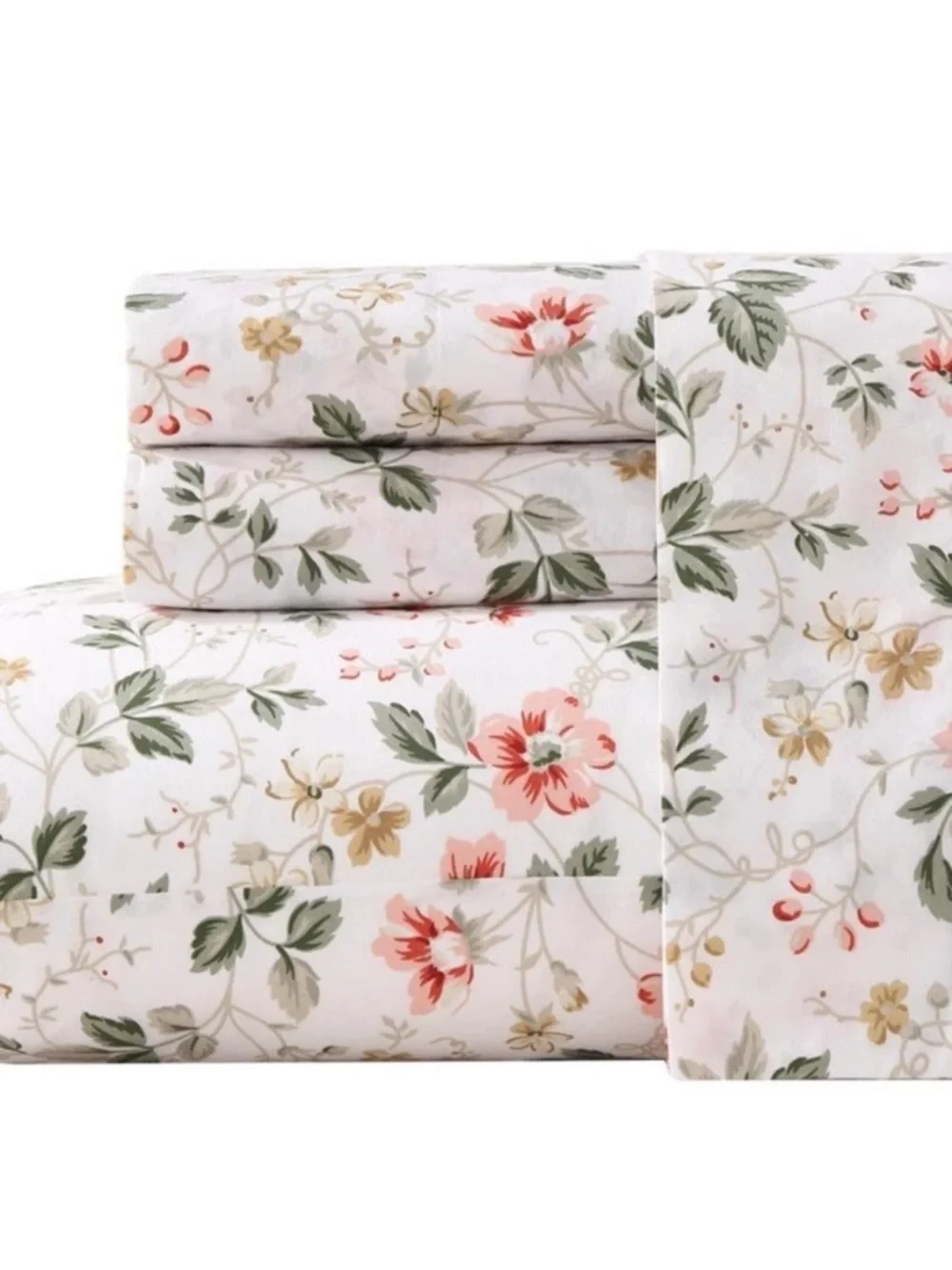 Laura Ashley ~ FULL ~ Meadow Floral Beige 4 Pc Sheet Set ~ 100% Cotton Percale